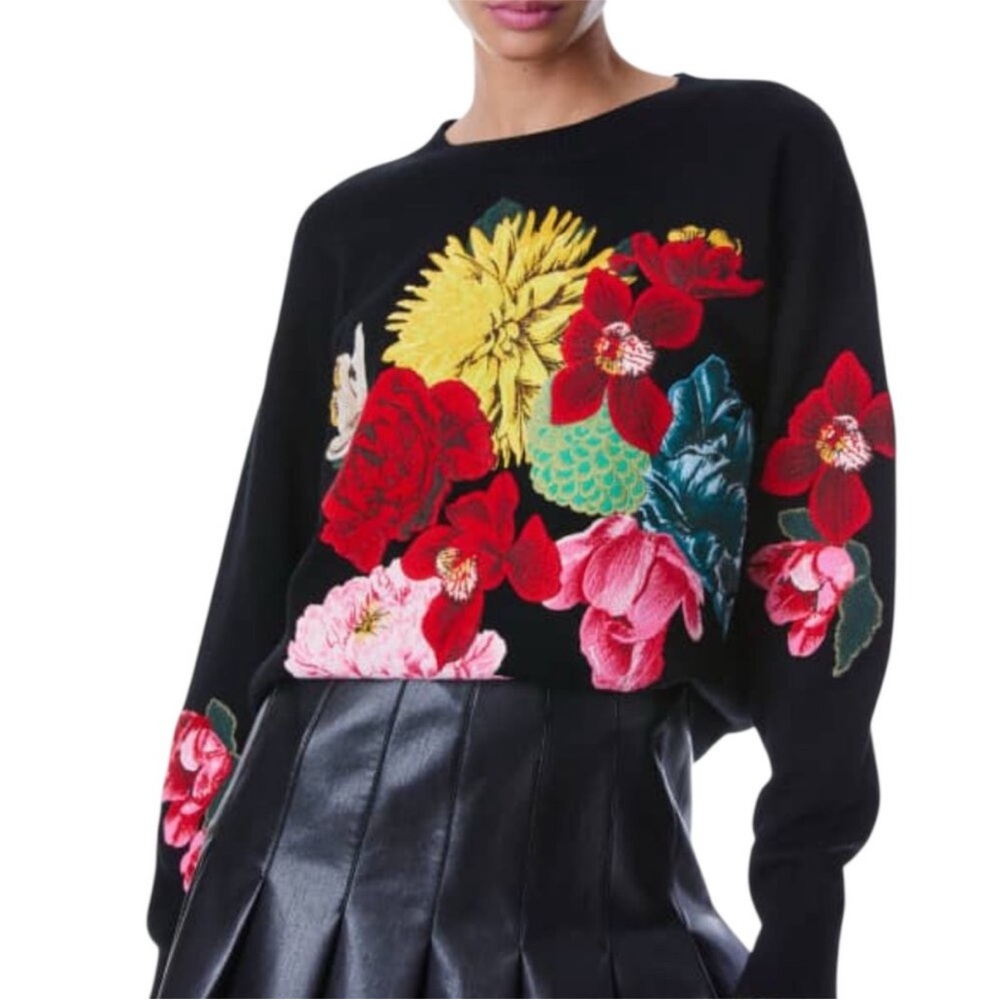 Alice + Olivia Belva Vibrant Floral Embroidered Sweater